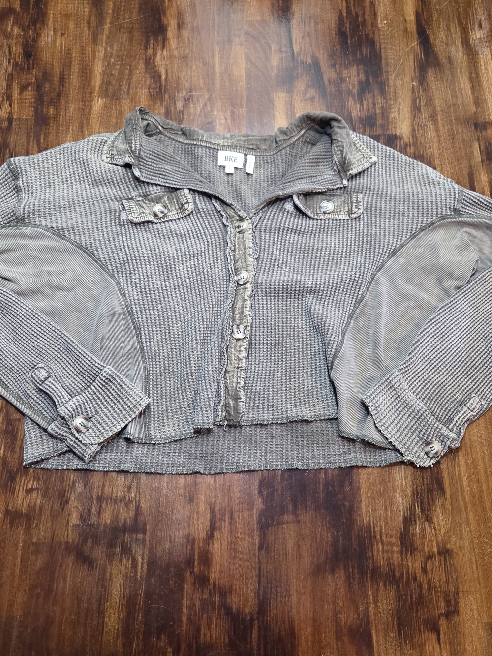 BKE Waffle Knit Button-Down Cropped Shirt Jacket Army Green L Gorpcore